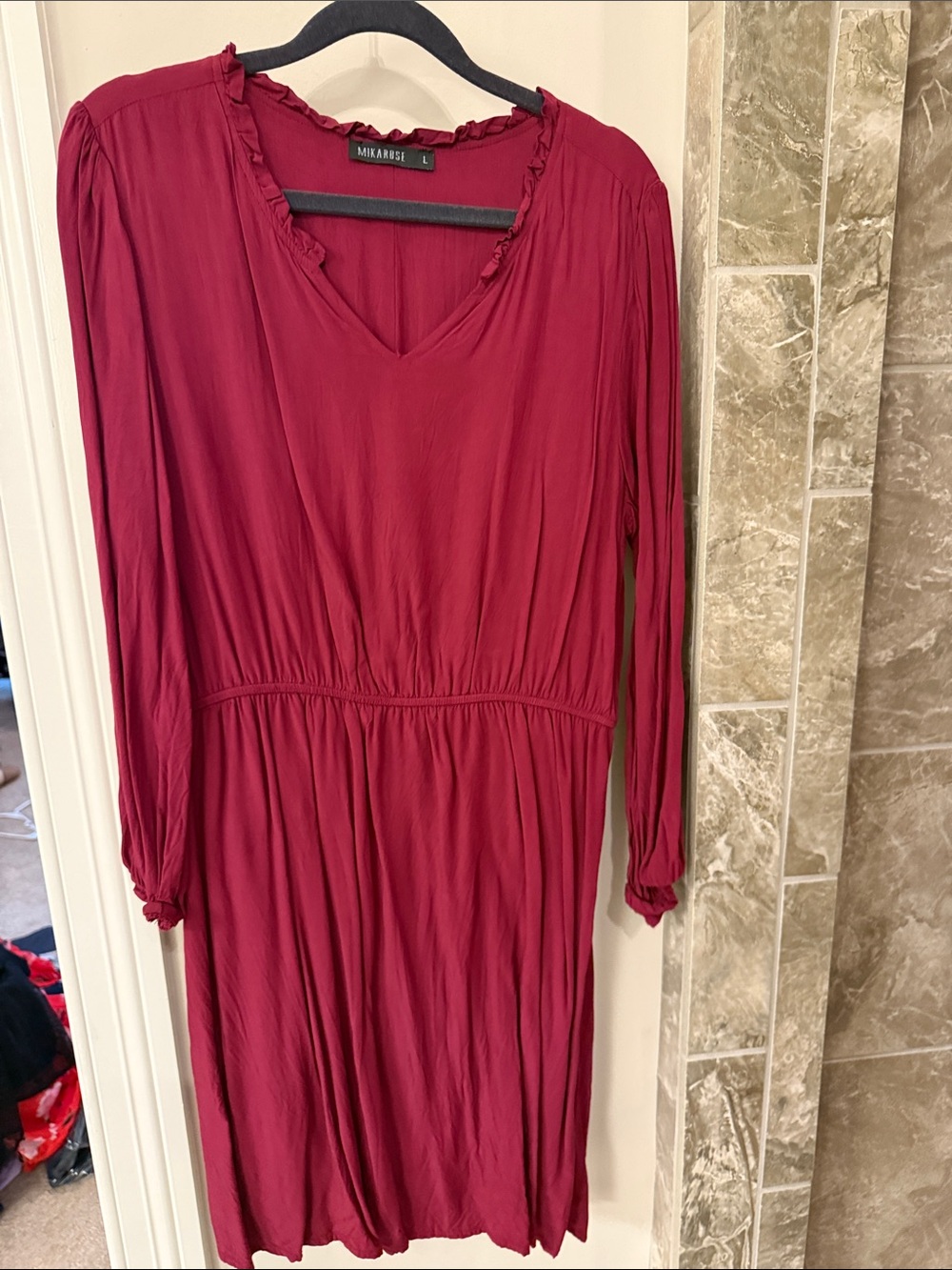 Mikarose Burgundy V-Neck Long Sleeve Ruffle-Trim Dress